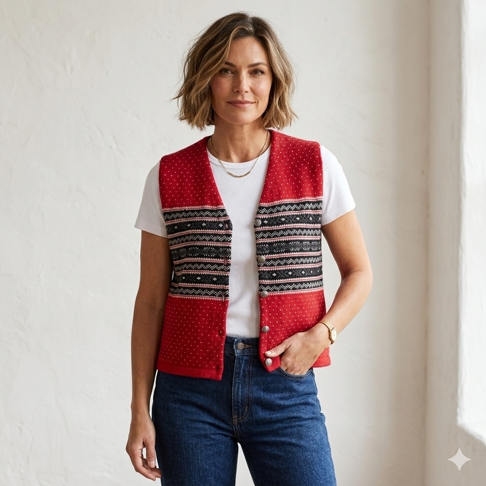 VTG Eddie Bauer 100% Wool Fair Isle Sweater Vest Red Nordic Button Front Small